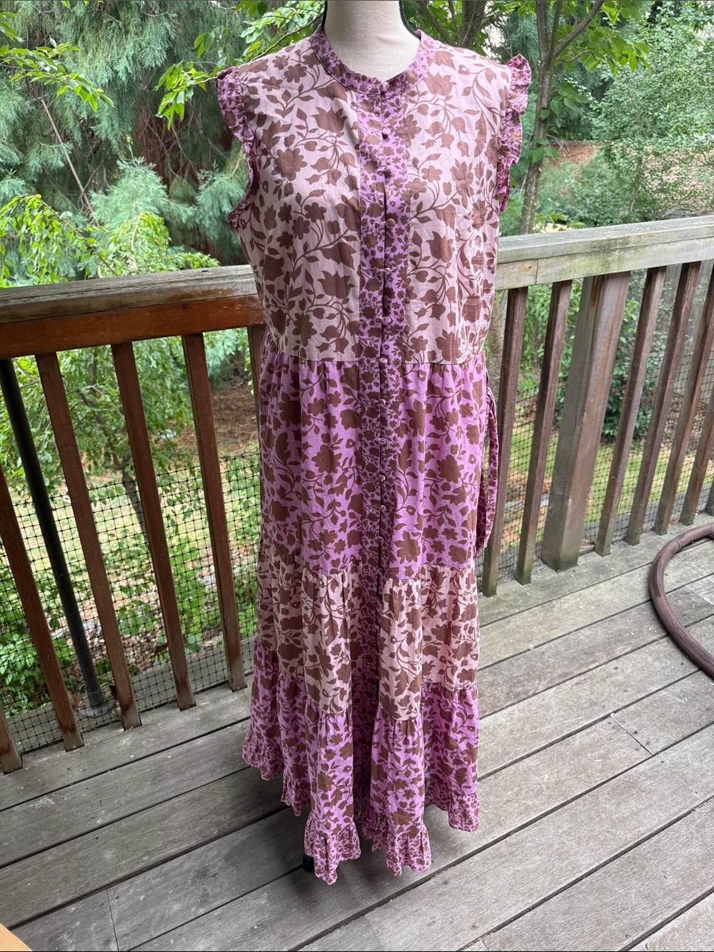 Boden Mauve and Taupe Floral Tiered Maxi Dress